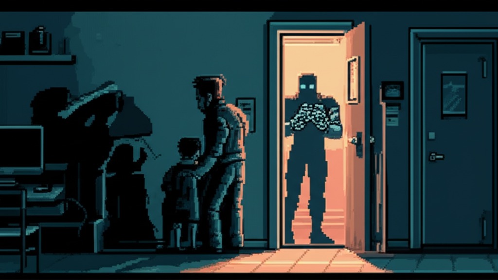 Corporate residential unit. Eli Vance backs against a wall, shielding Maya behind him. Angel silhouetted in doorway, chrome arms raised. Maya's eyes are calculating, learning.