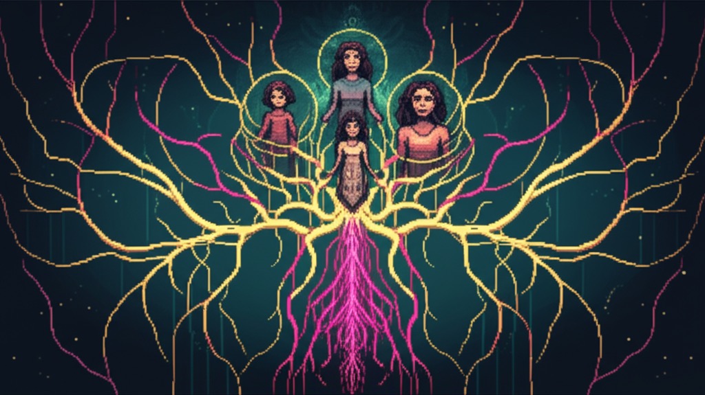 Abstract visualization—probability cascades branching like lightning. Maya at sixteen training, at twenty-two hunting, at thirty standing over a body just like Angel did.