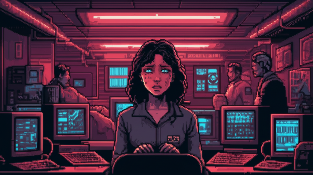 The Nexus Dynamics offices during the Cascade - screens flickering, analysts in confusion