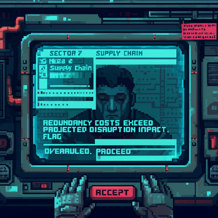 Solomon's screen shows FLAG OVERRULED. PROCEED. His reflection is visible in the display—exhausted, defeated.