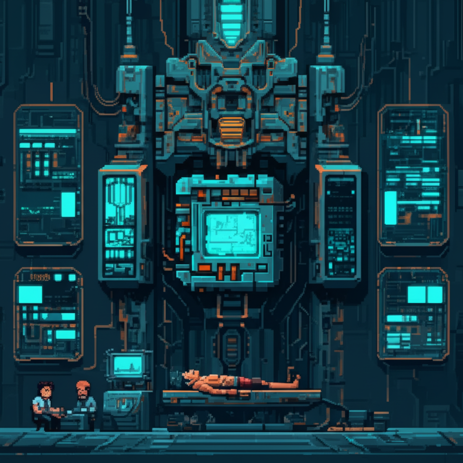 Underground facility, Viktor on the interface platform, Dr. Soren at controls