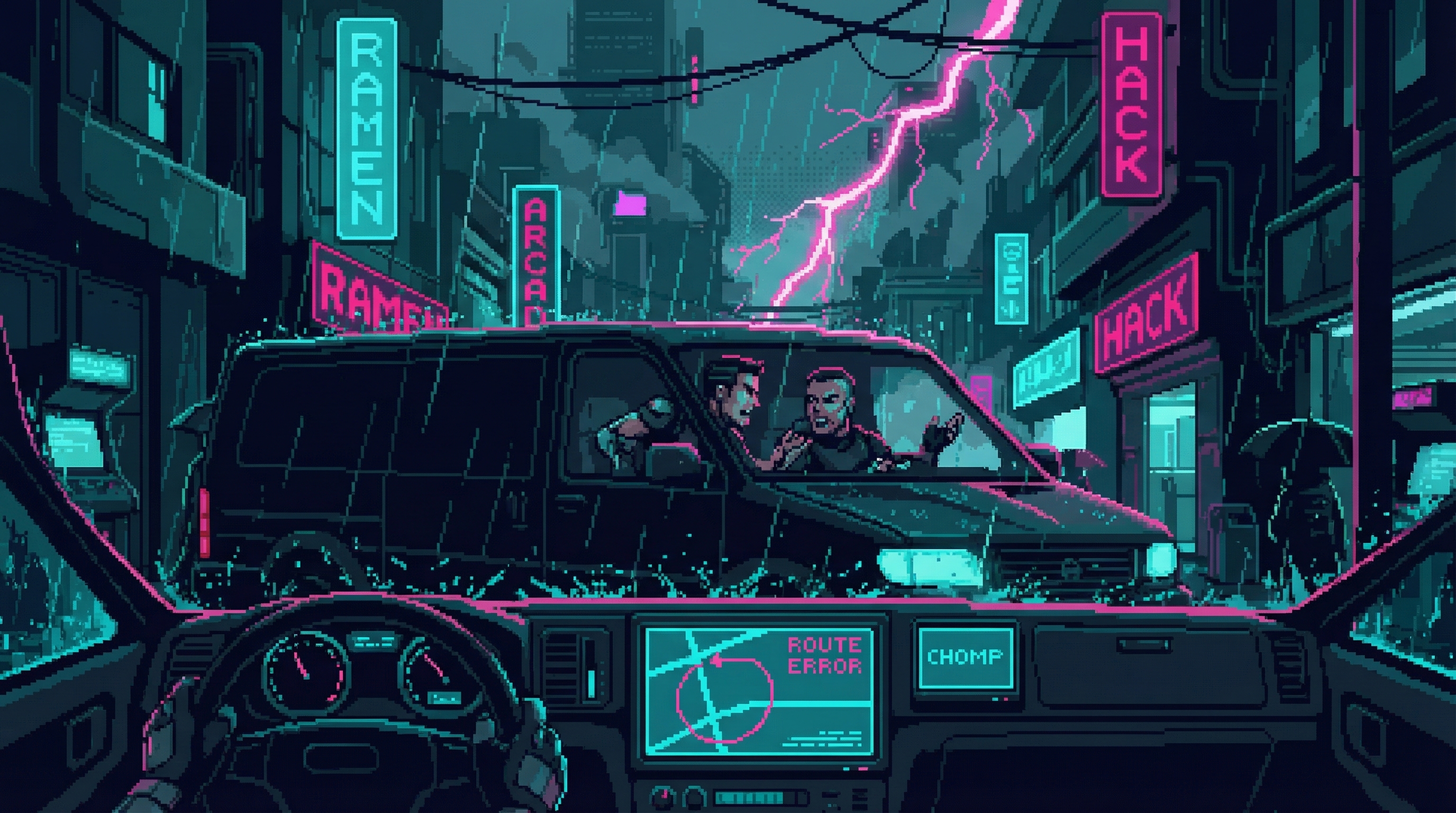 A corporate tactical van stopped in the storm, navigation going haywire, CHOMP briefly visible on their screens