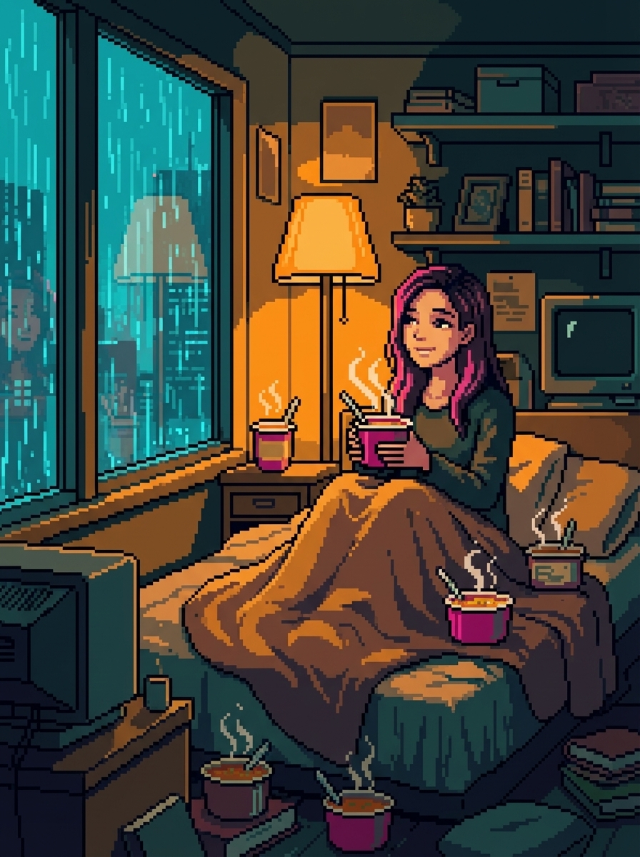 GG sitting up in bed, wrapped in blankets, holding a steaming container of soup, staring out the rain-streaked window