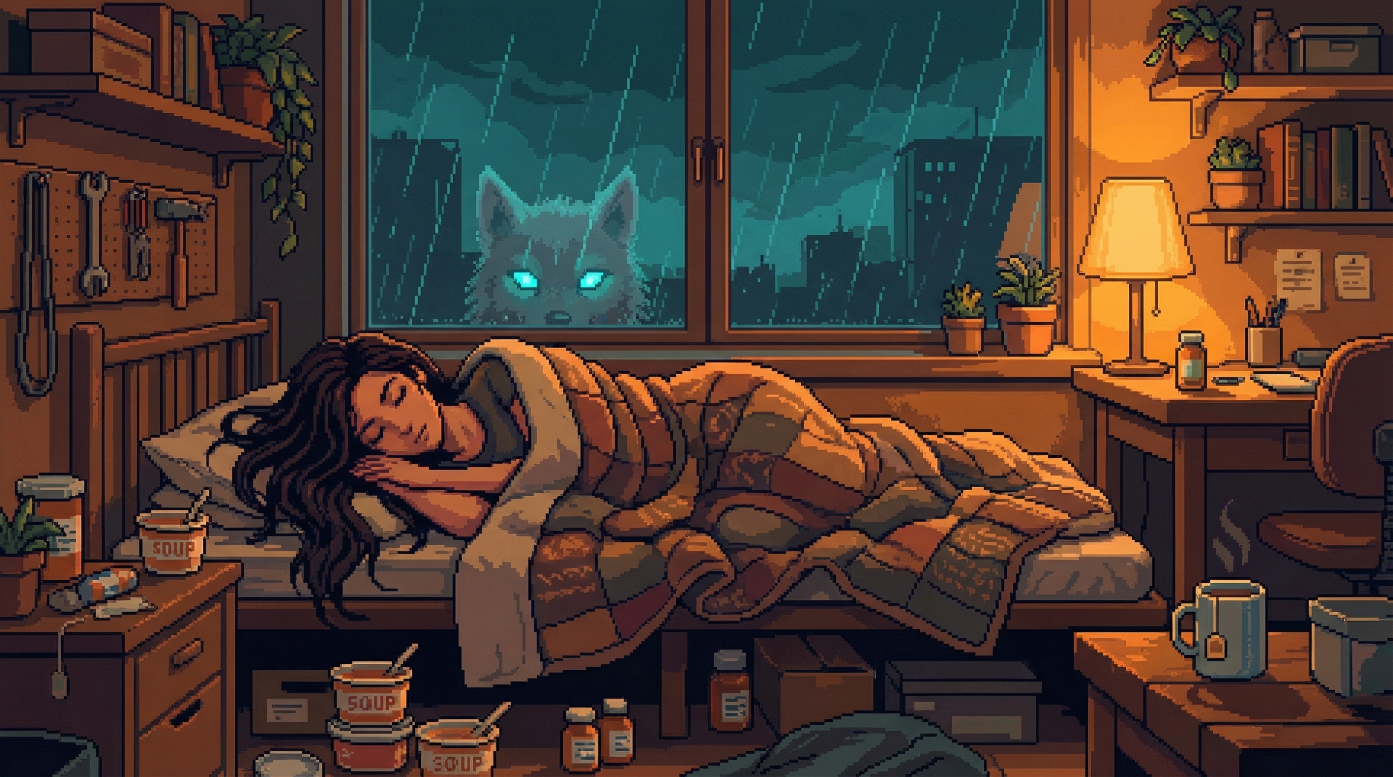 The safehouse transformed by warmth - GG asleep surrounded by soup containers and medicine, the faintest suggestion of Chompy watching in the window reflection