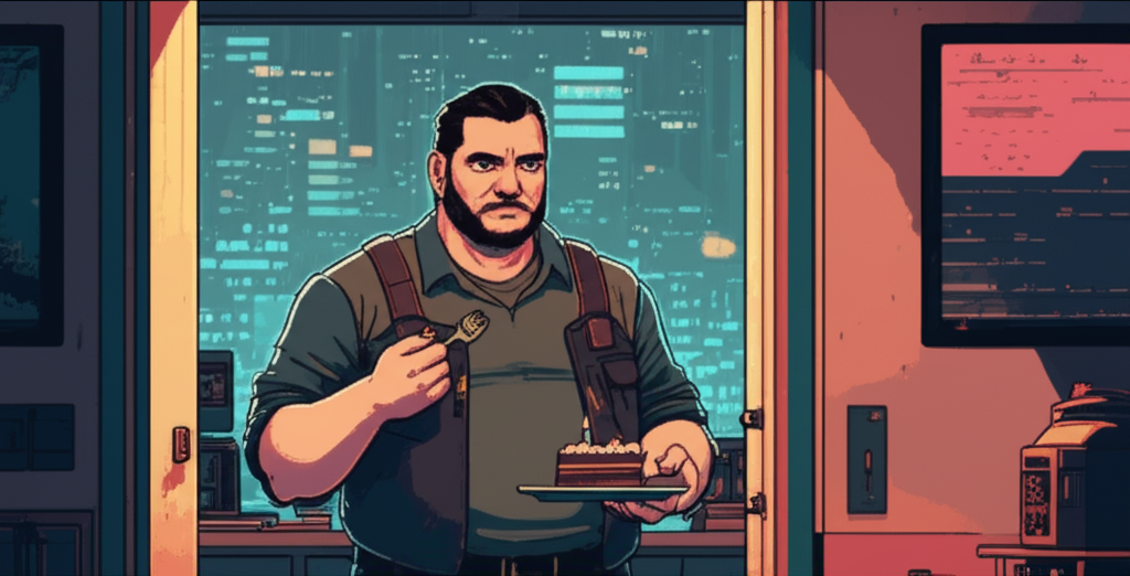 The break room doorway, David emerging with a plate of cake, fork still in hand. His expression is annoyed—interrupted mid-bite—but through the window behind him, we can see the city lights flickering