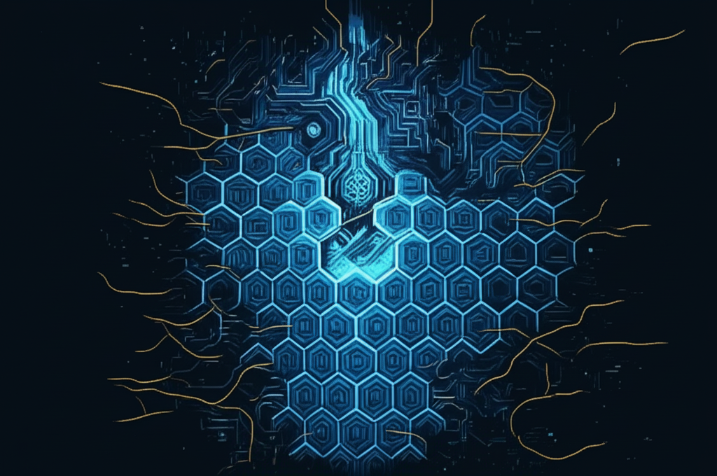 Abstract visualization of ORACLE's final moments: vast geometric patterns folding in on themselves, blue light fragmenting into shards, the shape of something like a mind tearing itself apart because it finally understood what it had done