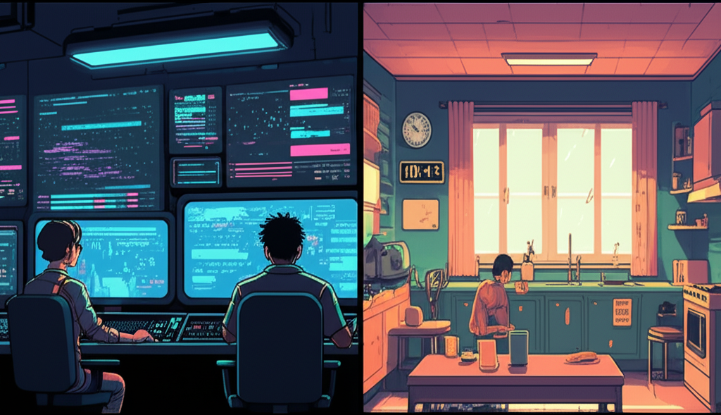 A split image: on the left, Maya and David staring at screens showing impossible data patterns; on the right, a family in Bangkok sleeping peacefully in their air-conditioned apartment, the digital clock reading 10:47 AM local time, everything still normal in their world