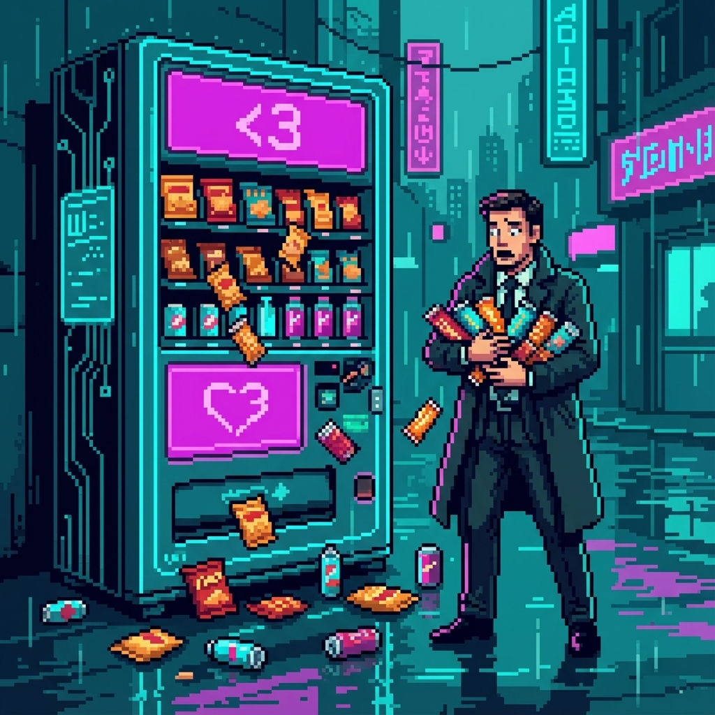 A cyberpunk vending machine gone haywire, snacks cascading from every slot, a stunned businessman with armfuls of energy bars