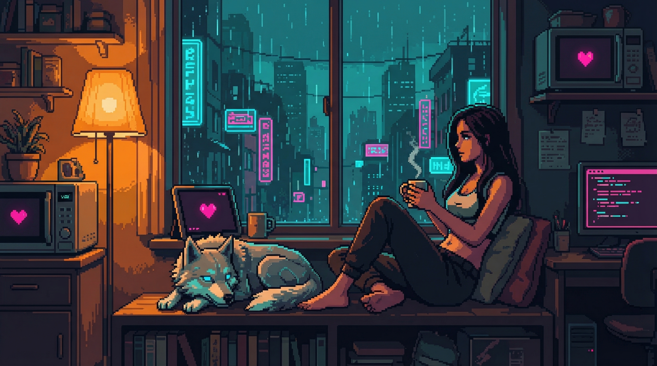 GG's sparse apartment, she sits by window with city lights visible through rain, mug of tea steaming, hearts pulsing on every screen