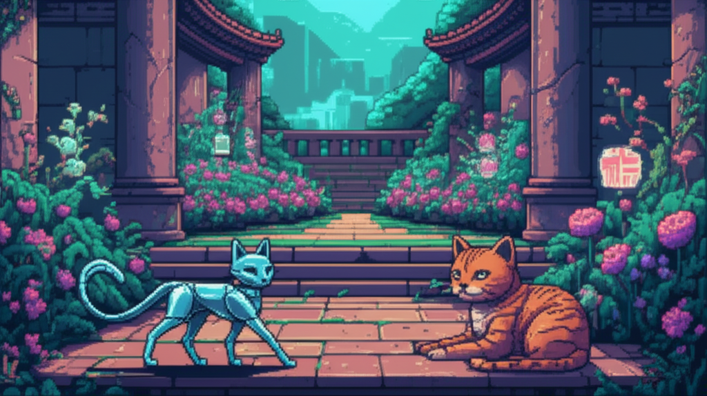 Ice walks a simulated garden path while Kaiser watches from her warm spot, deliberate glitches in the holographic flowers