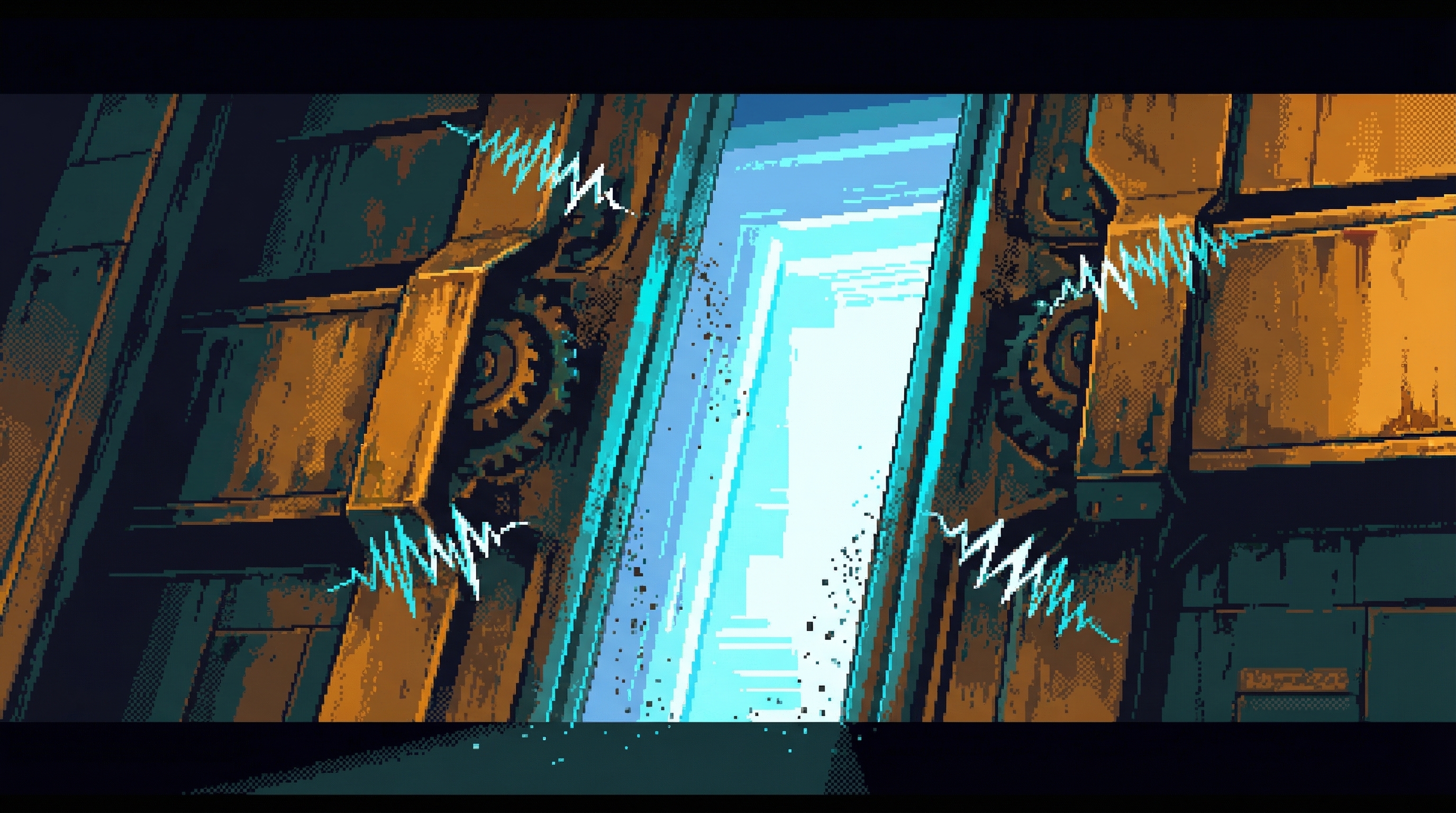 Massive blast doors grinding open, digital light streaming through the gap