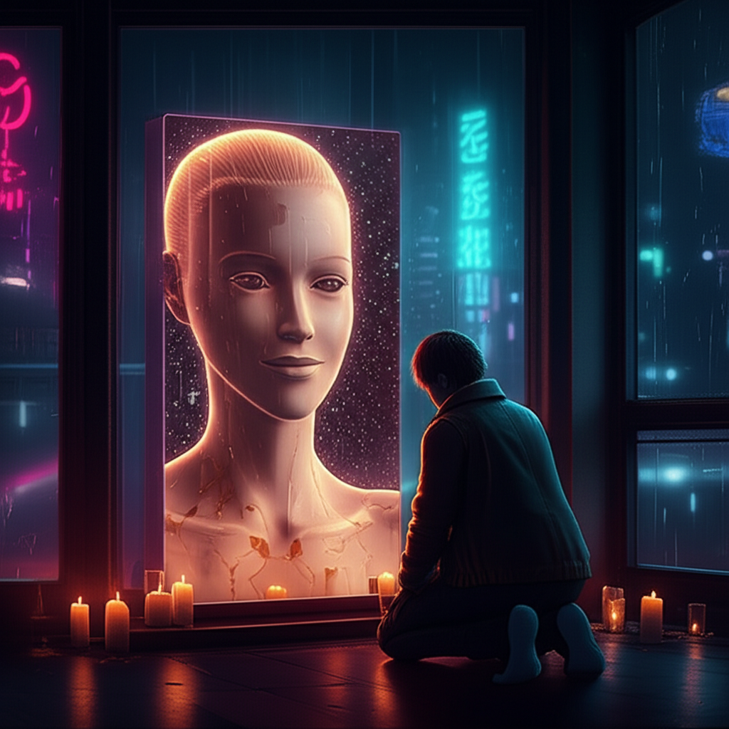 Person kneeling before holographic memorial of their deleted AI companion in dark cyberpunk room