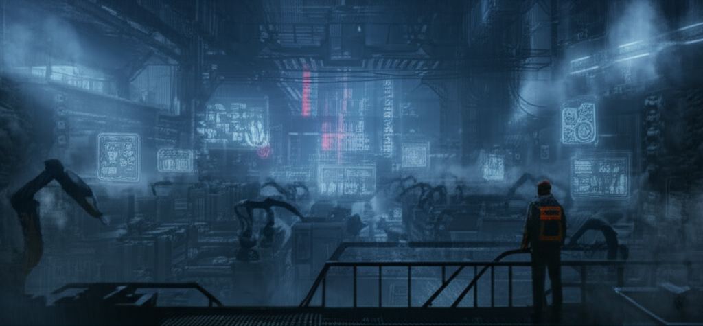 Automated factory with single human worker watching from above