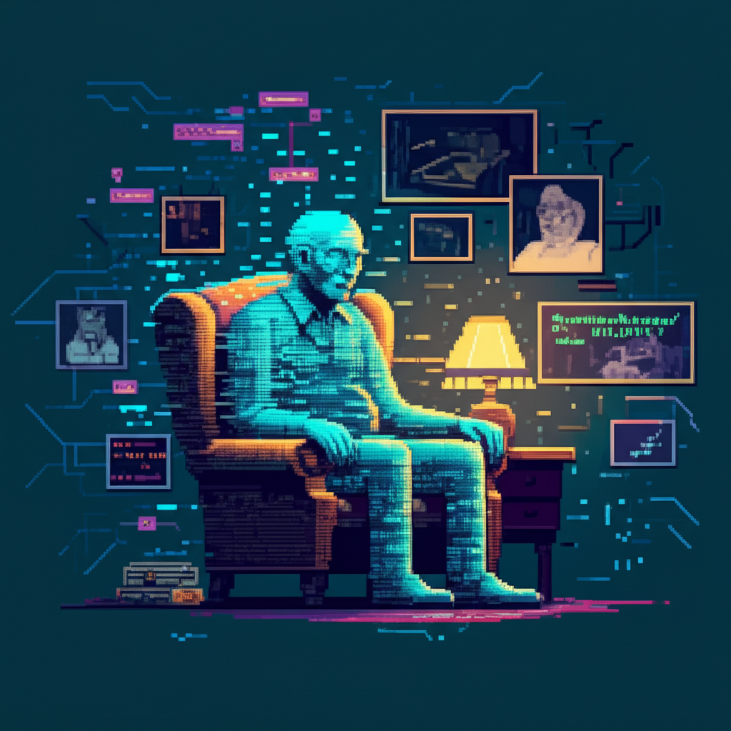 A holographic ancestor figure formed from data streams