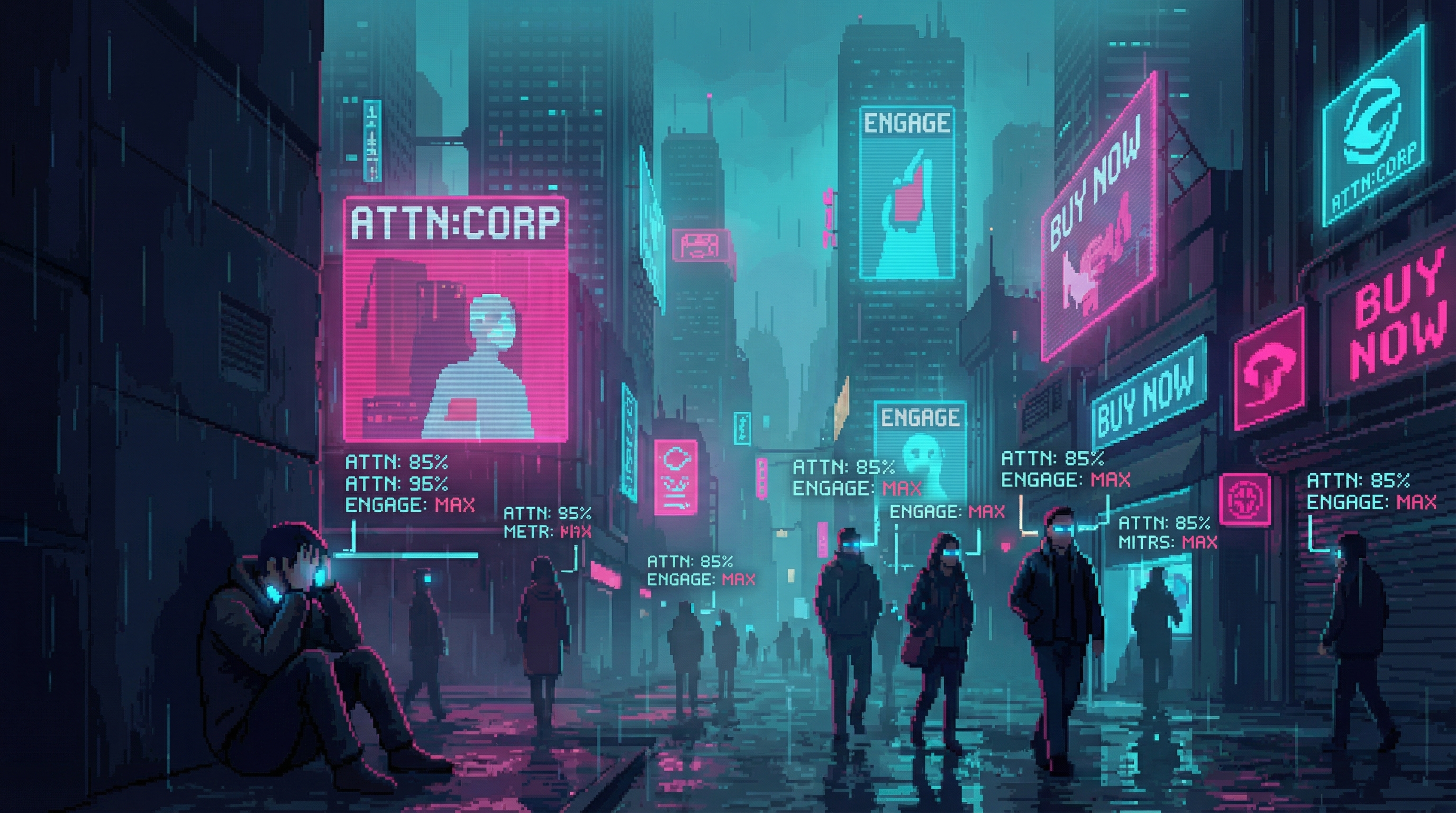 A neural interface displaying attention metrics and advertisement streams