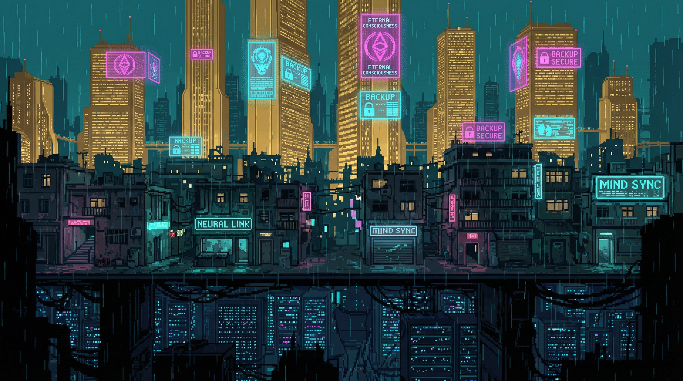 Three-tiered cityscape: golden executive towers with eternal backup indicators at top, dim apartments with aging neural interfaces in the middle, dark server farms with thousands of trapped minds at bottom