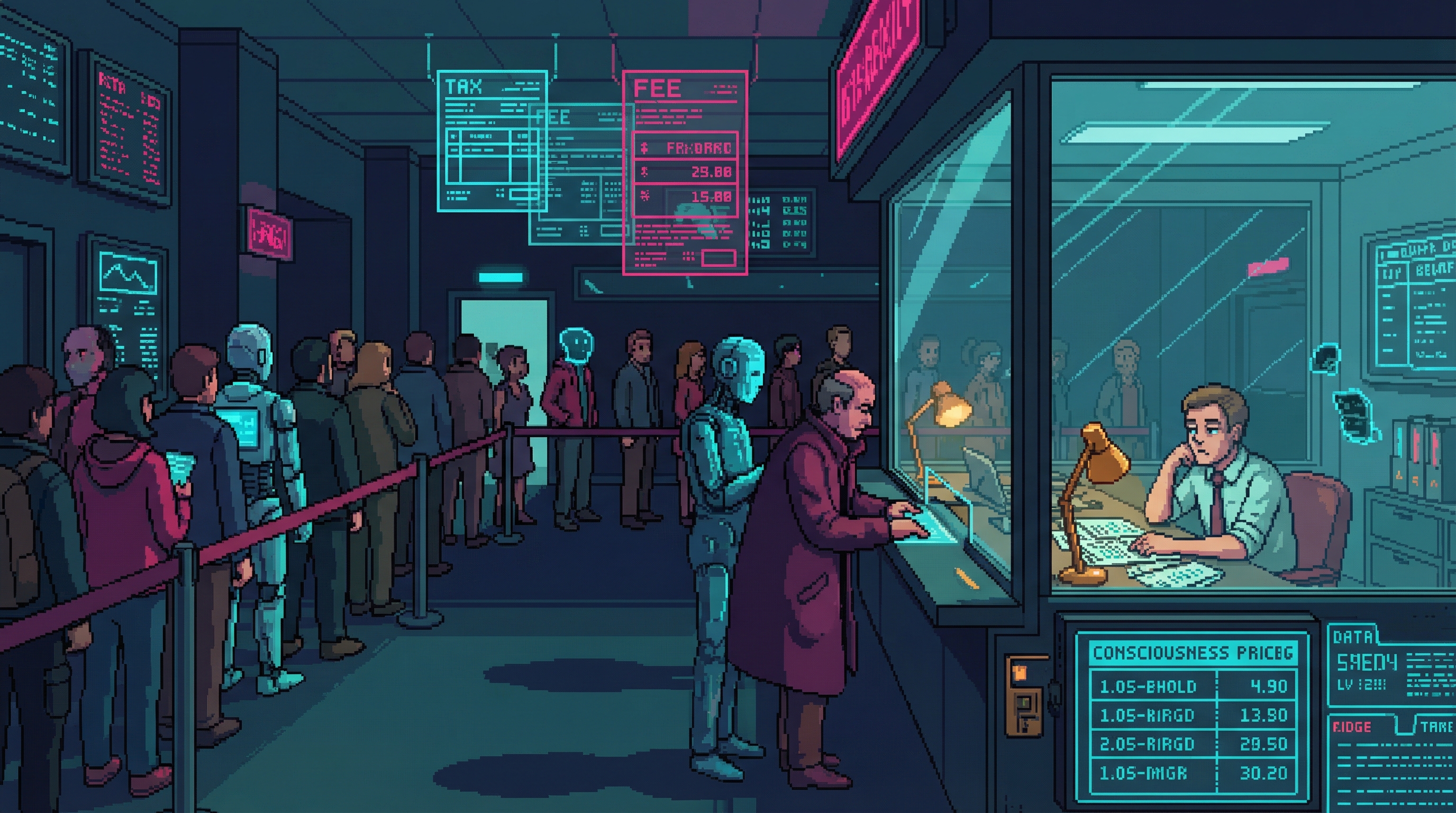 Holographic displays showing tax meters and credit counters draining, corporate servers metering consciousness data