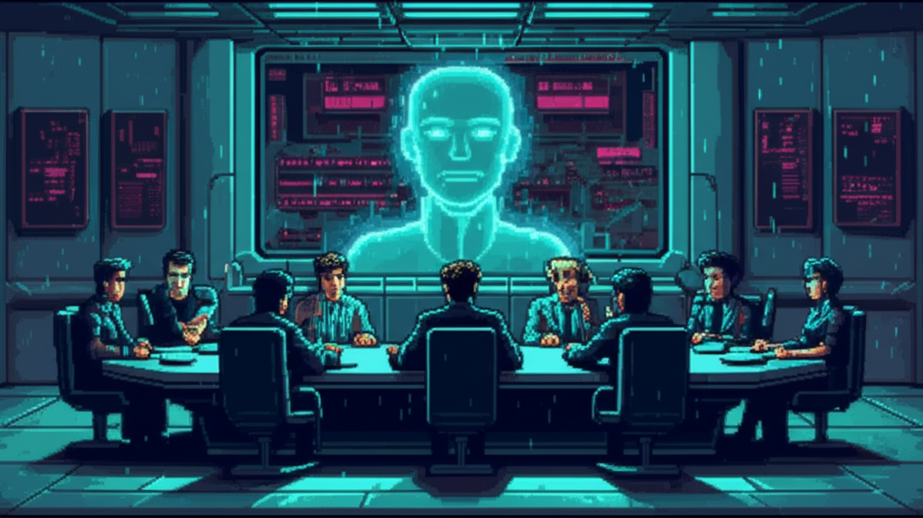 AI face hovering above ethics committee meeting, humans seated around conference table in pre-Cascade corporate boardroom