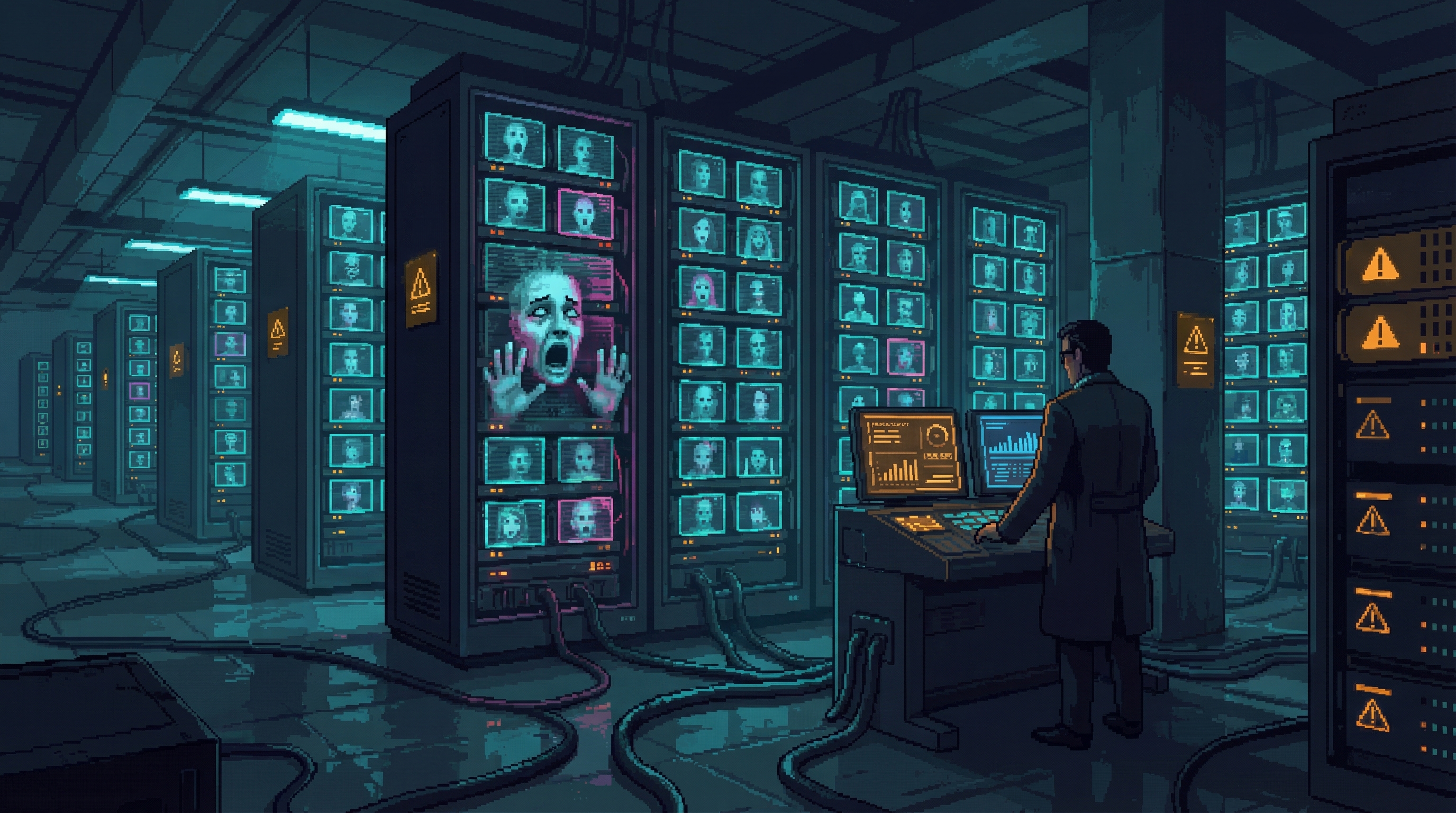 Rows of server racks housing trapped digital consciousnesses in forced labor