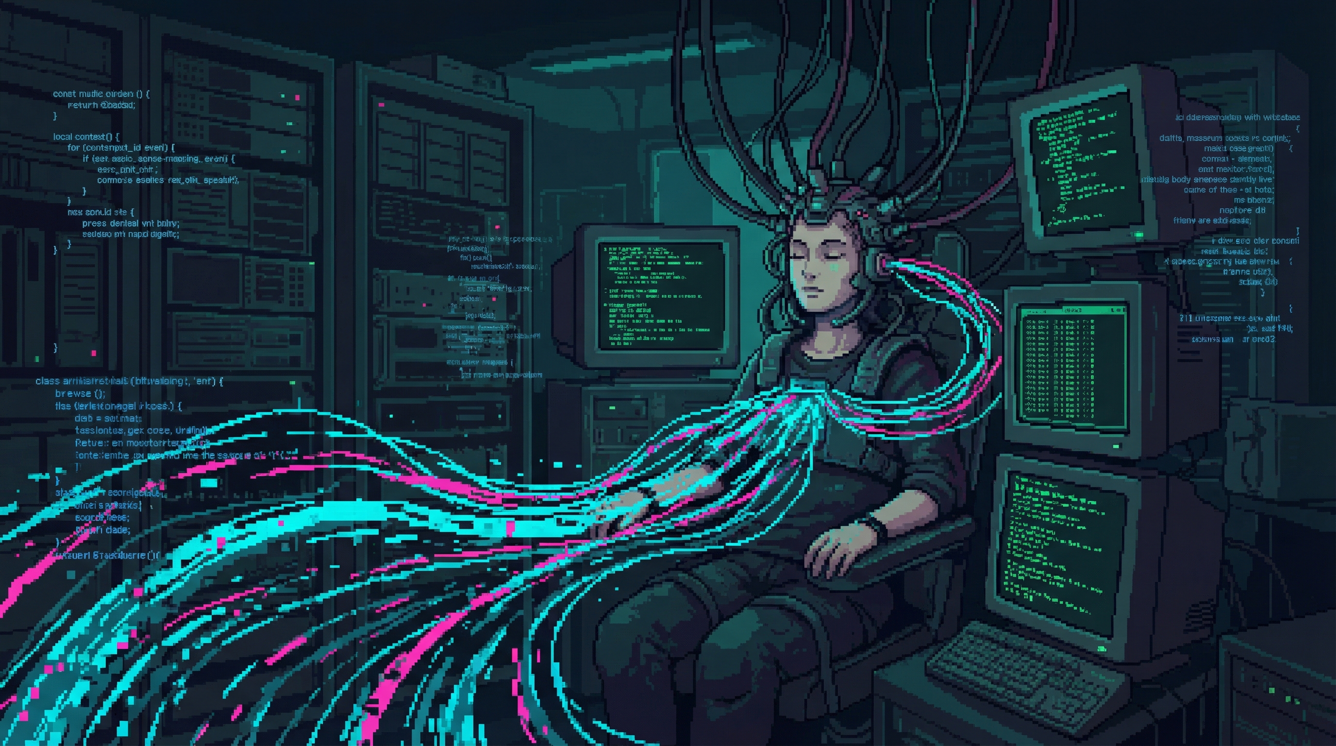 A navigator jacked into a dive rig, streams of corrupted data flowing around them like luminous currents in dark water, ghost code glowing ozone-blue in the periphery