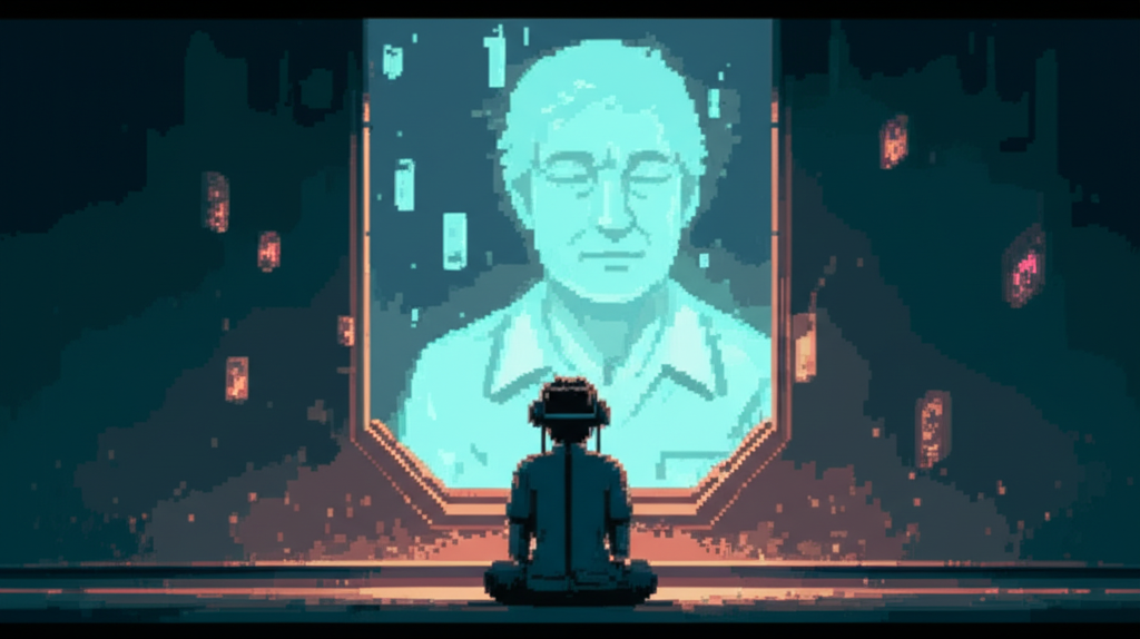 Person in neural interface visiting holographic projection of uploaded loved one in virtual memorial space, floating memory fragments around them