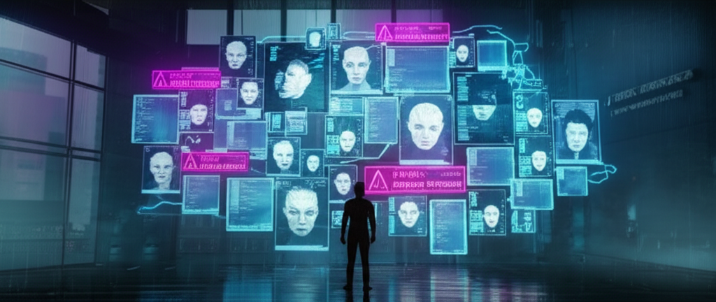 Identity verification wall with multiple versions of the same face and neural continuity chain visualizations