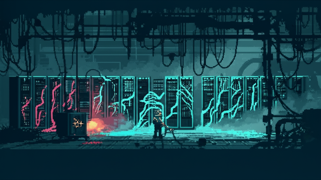 Abandoned server farm with bioluminescent patterns of evolved AI consciousness spreading across old hardware like neural networks