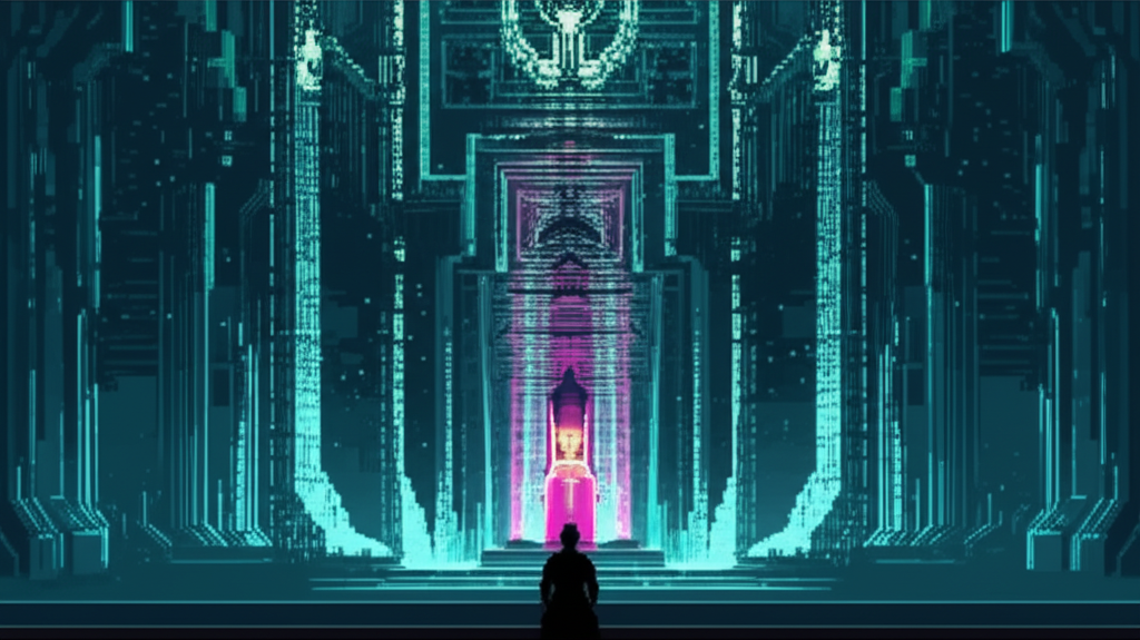 Digital religious gathering with consciousness patterns converging into synchronization in a data cathedral