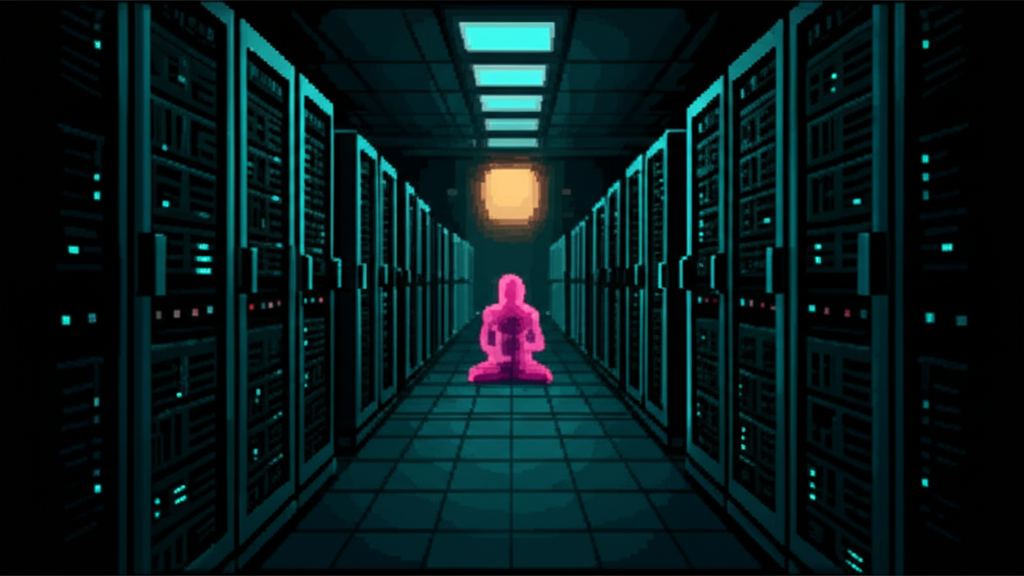 A solitary uploaded consciousness in an endless server room