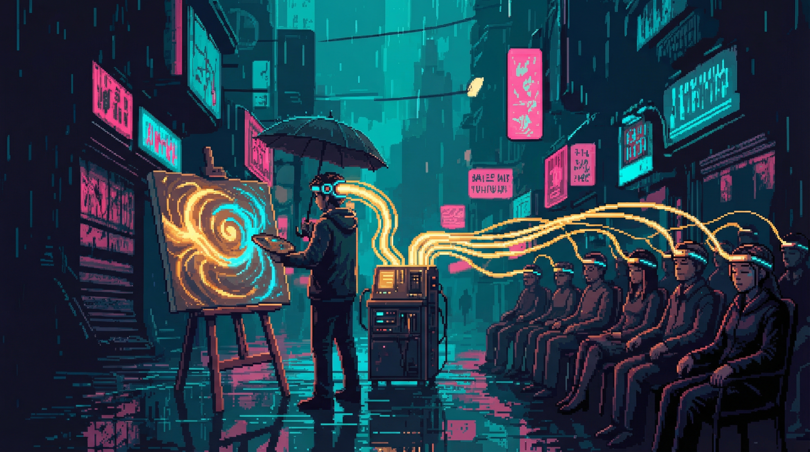 A painter at an easel with streams of golden light flowing from their head into a neural interface device, an audience experiencing the same streams, the painting half-complete and glowing with consciousness data