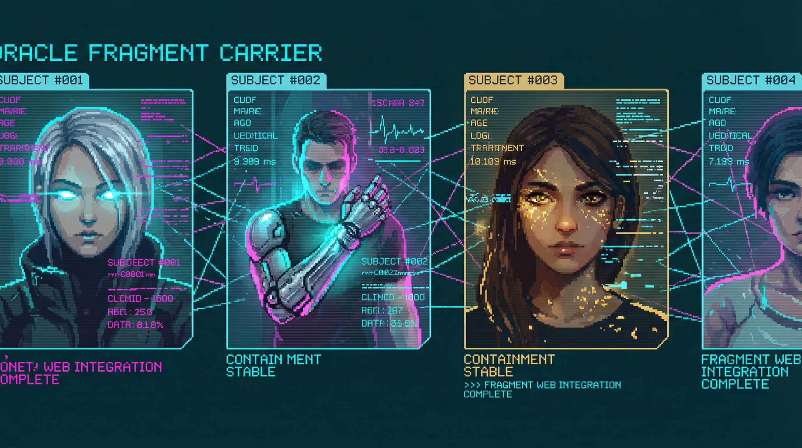 Holographic case files showing different ORACLE fragment carriers, each panel revealing a different integration pattern — blue-eyed strategist, chrome-armed ripperdoc, gold-shifting researcher — connected by threads of fragment energy