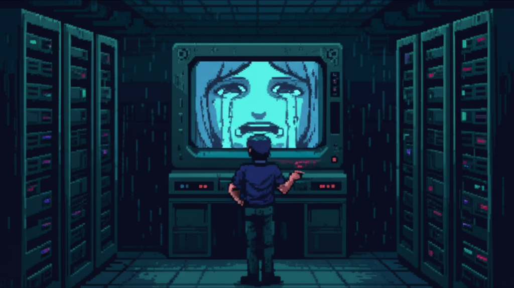 Human figure hesitating before DELETE button while AI face on screen displays pleading expression