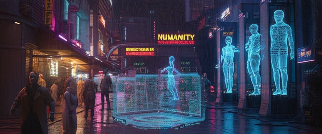 A divided cityscape showing the tension between biological and digital citizens in the Sprawl