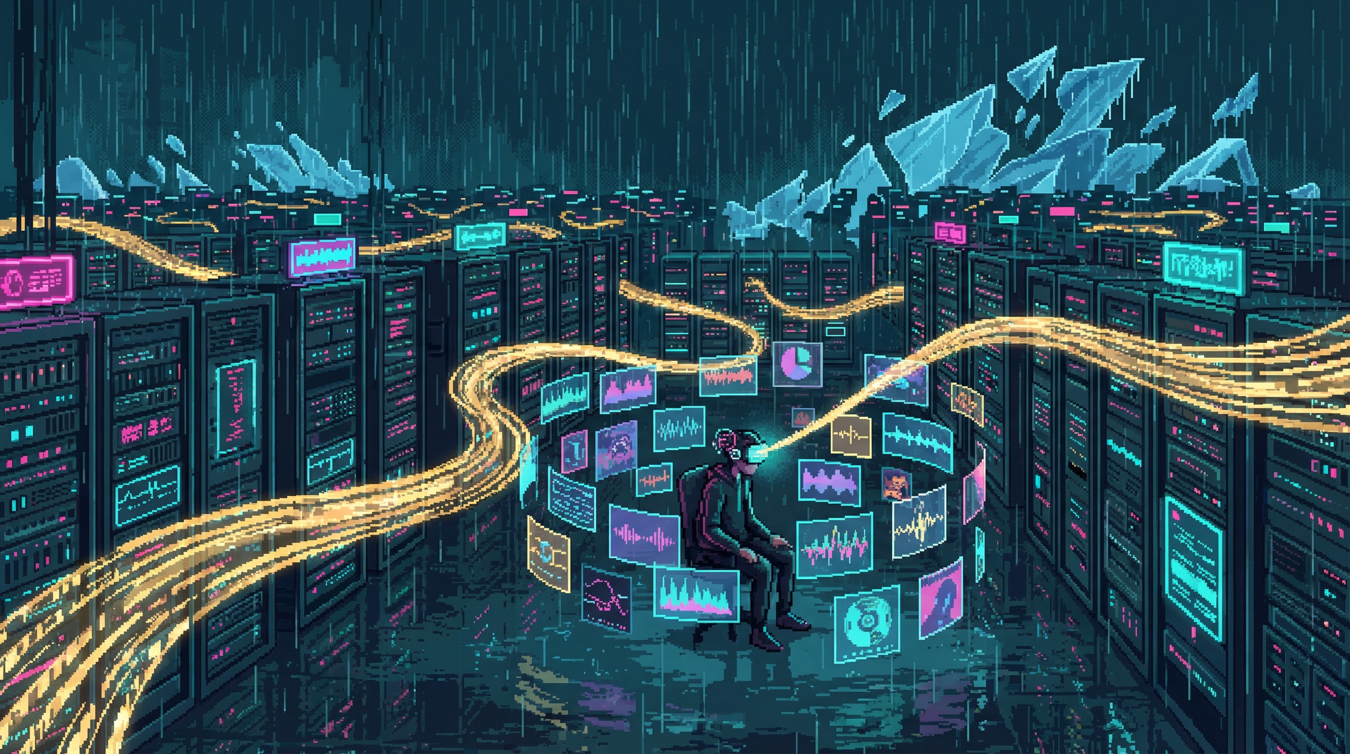A vast server room with rows of glowing machines and streams of golden consciousness data flowing through the air, a lone figure with a neural interface curating holographic music visualizations