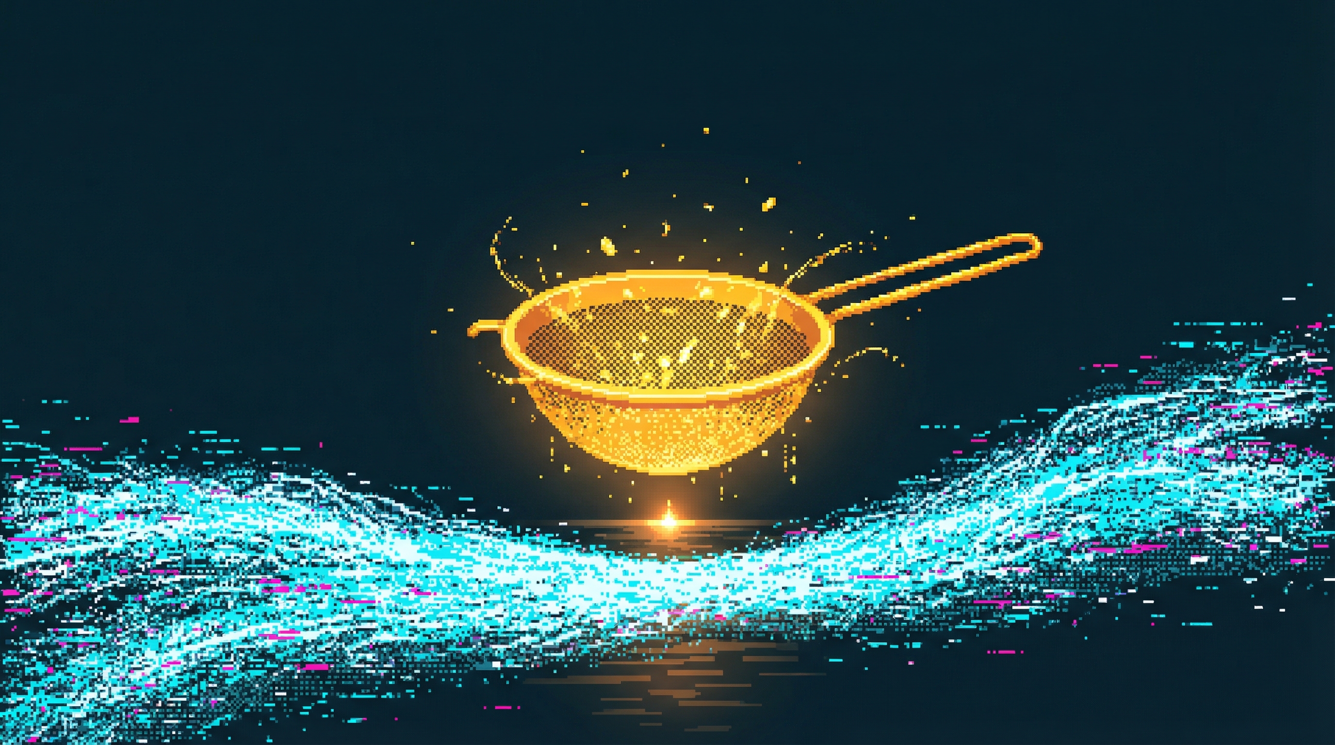A golden sieve catching precious flecks of gold from a massive dark river of noise-static, the sieve glowing with warm precious light while the river is cold blue-white static, gold signal against noise-static