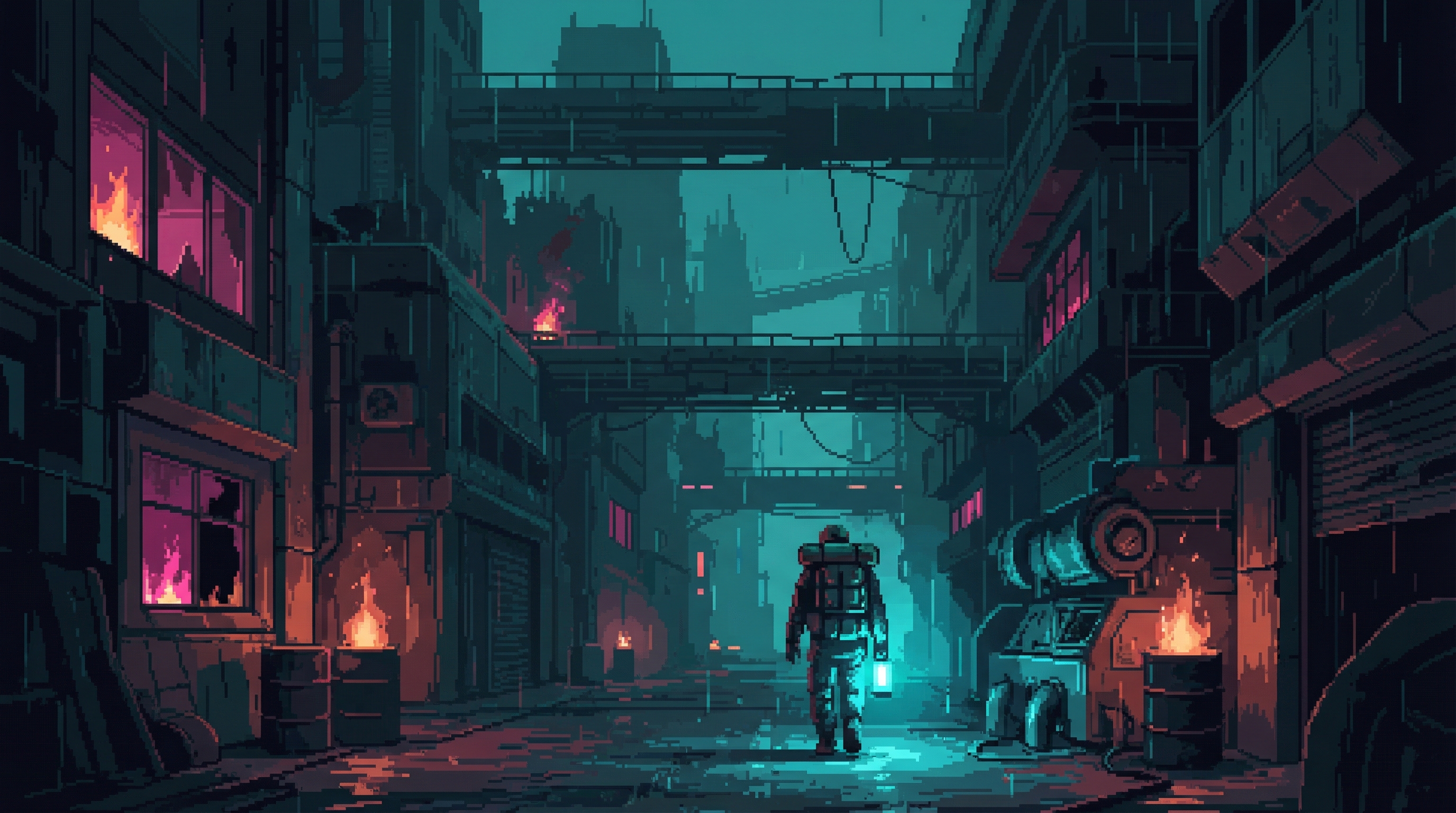 Dark urban district without power, abandoned streets lit only by small fires from windows, a lone figure in worker's gear carrying a portable light walking through massive dead infrastructure corridors