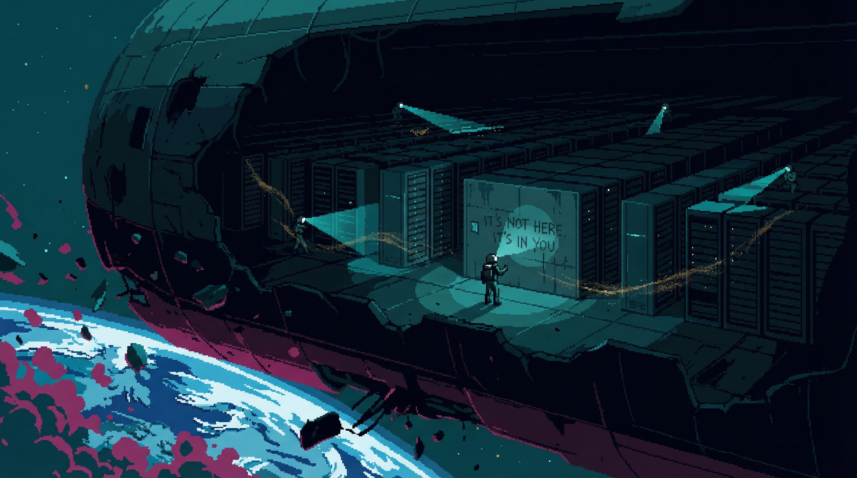 Inside a vast, cathedral-scale orbital server chamber. Rows of dead server racks stretch into darkness. A lone explorer's headlamp illuminates empty racks — the data gone, the consciousness dispersed, only golden residue remaining.