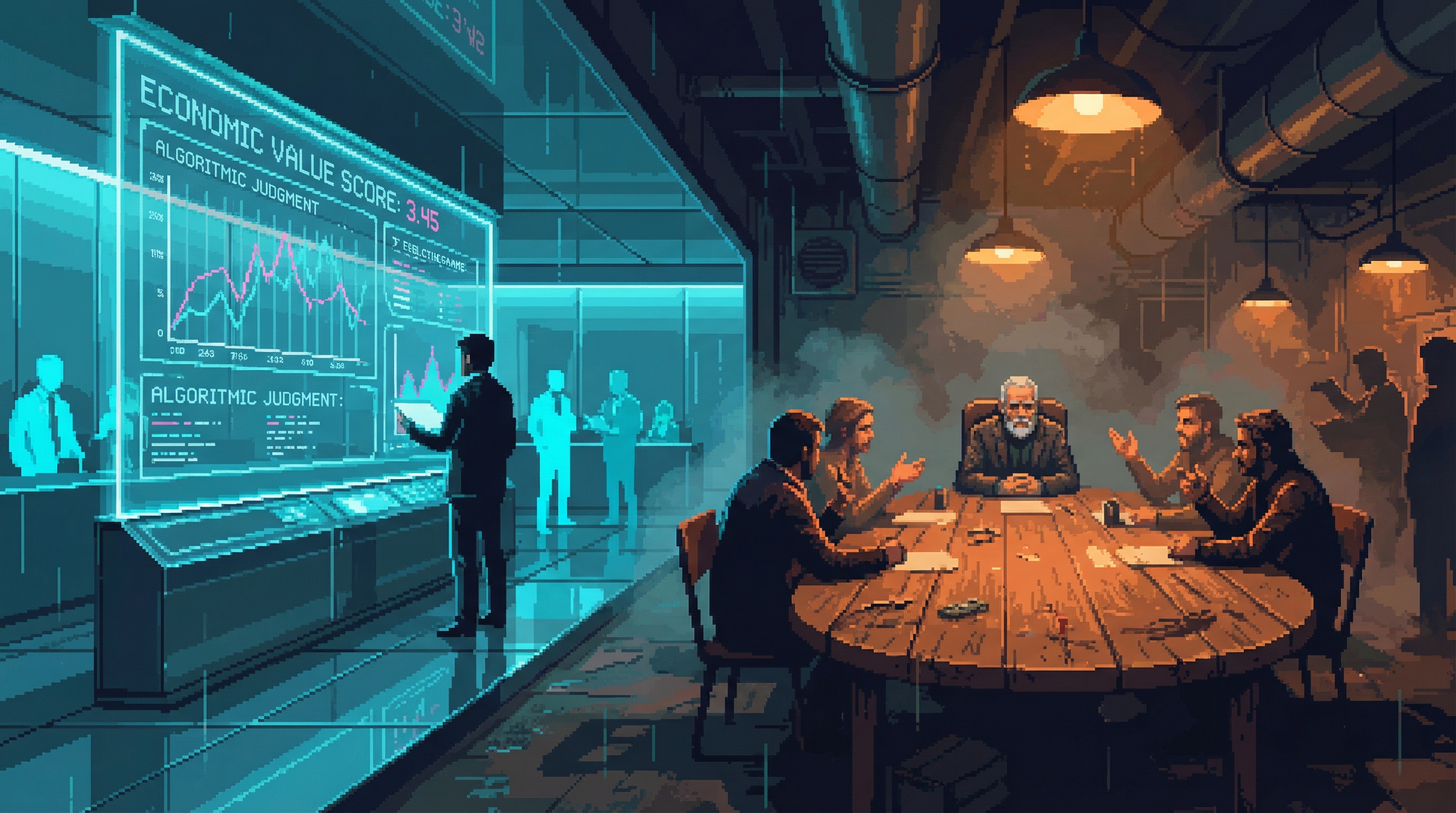 A cold corporate arbitration chamber where holographic scales of justice flicker between algorithms and human faces