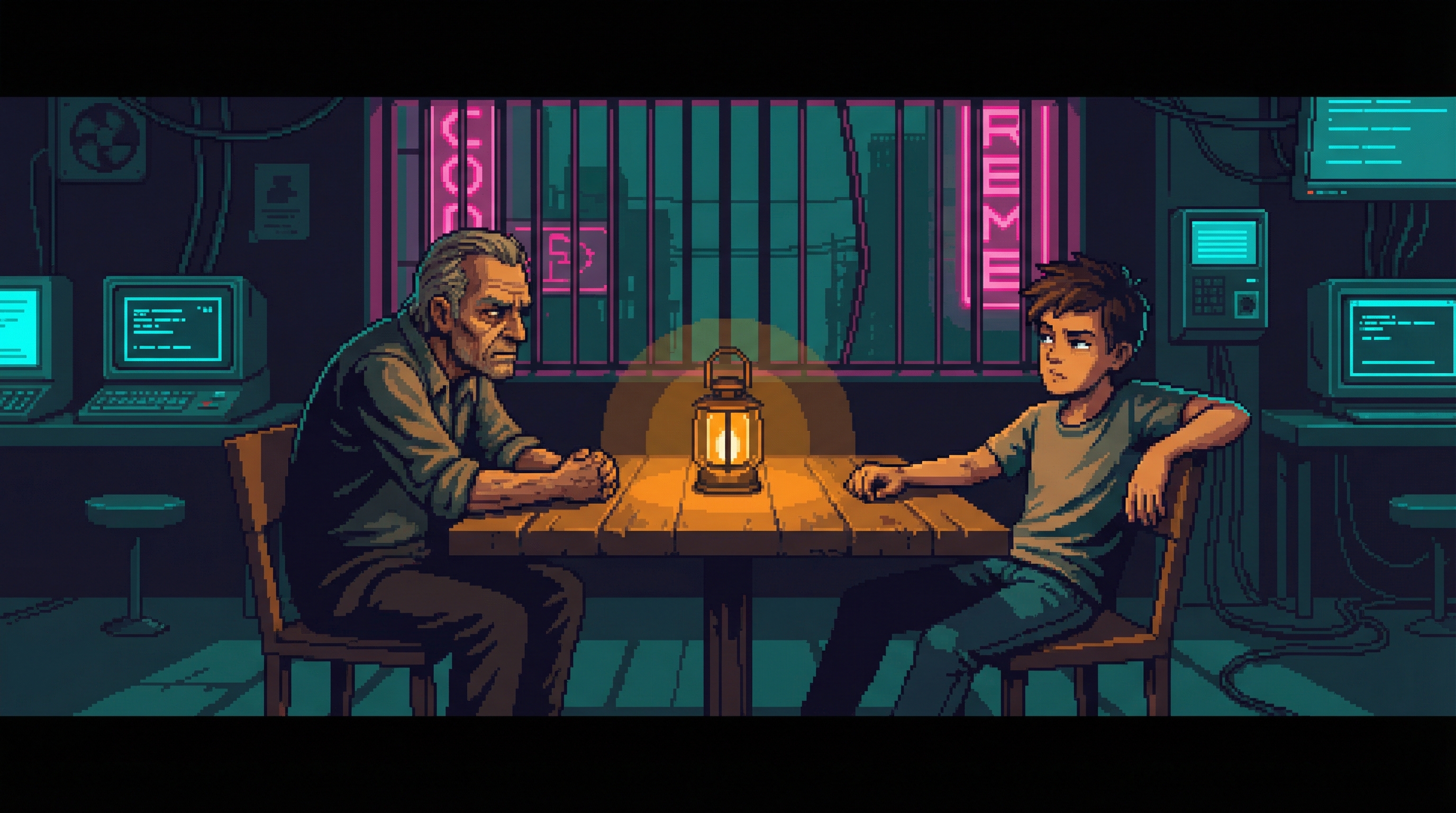 El Money sitting across from a young runner in a dimly lit G Nook, warm amber light between them — a moment of generational disconnect