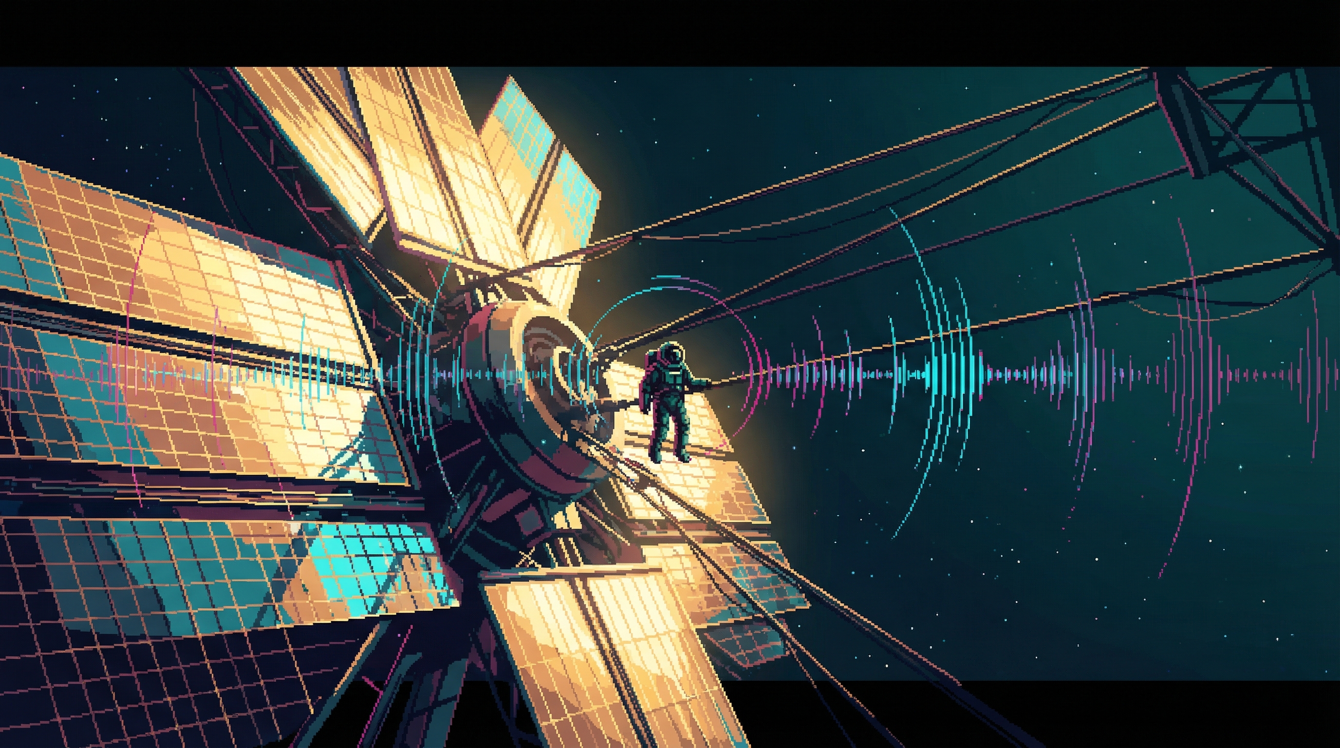 A massive solar collector array on an orbital megastructure with structural cables stretching into darkness, a drift-runner standing at an acoustic node where vibrations converge