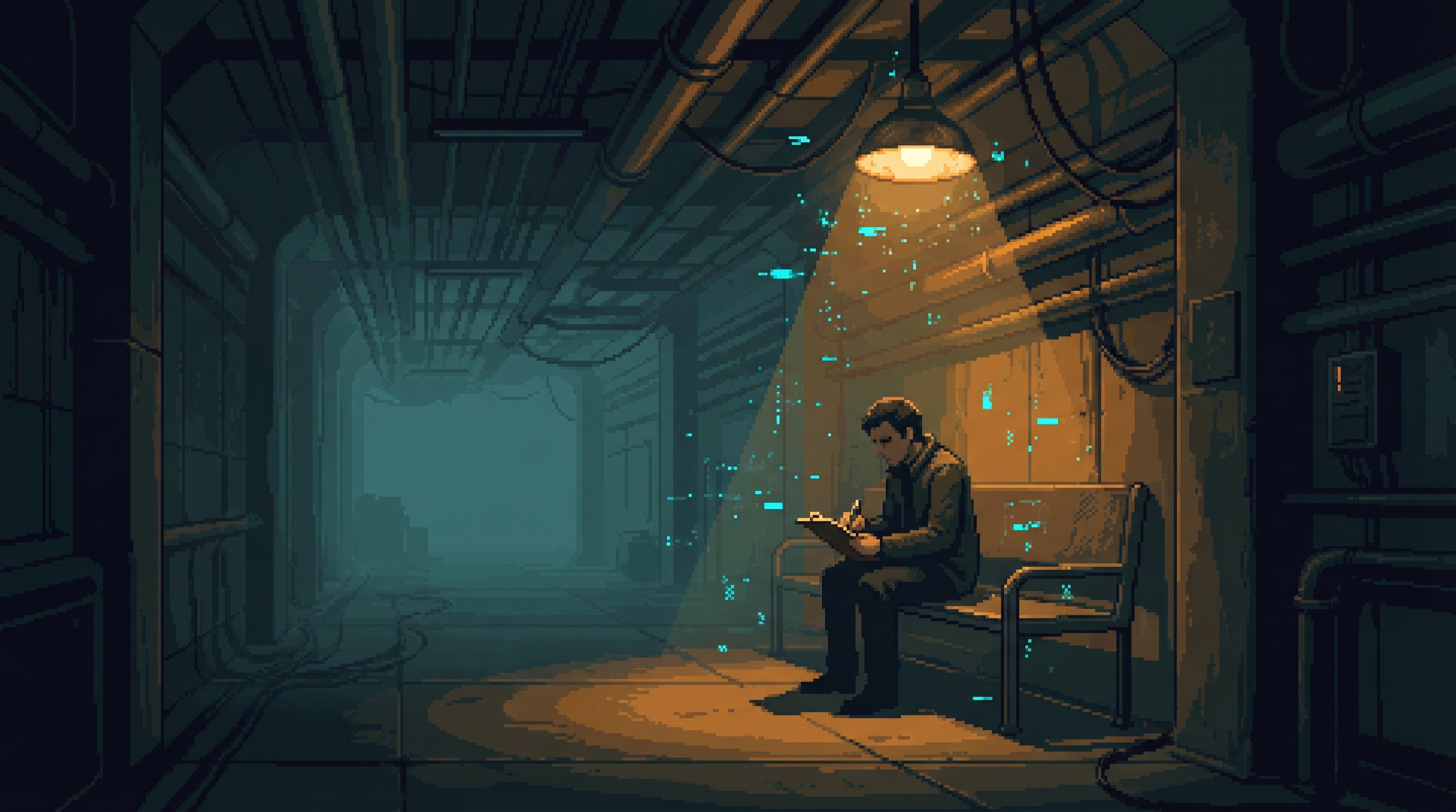 A lone figure taking notes in a surveillance dead zone, with digital glitch artifacts in the air